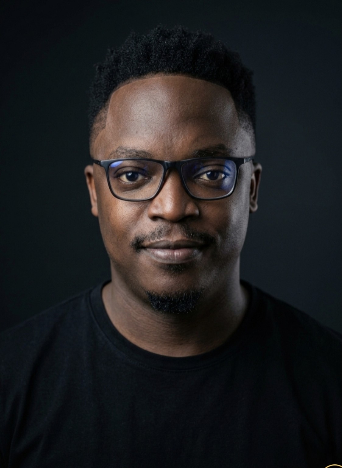 James Nyabera facing forward, wearing black glasses and a black shirt